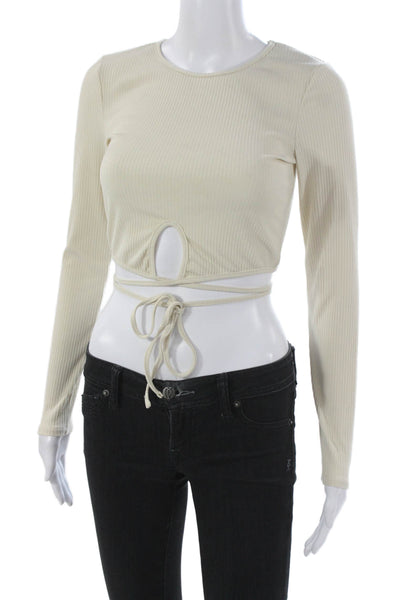ASTR Womens Cropped Long Sleeve Crew Neck Beige Polyester Blend Blouse Size S