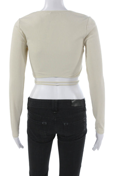 ASTR Womens Cropped Long Sleeve Crew Neck Beige Polyester Blend Blouse Size S