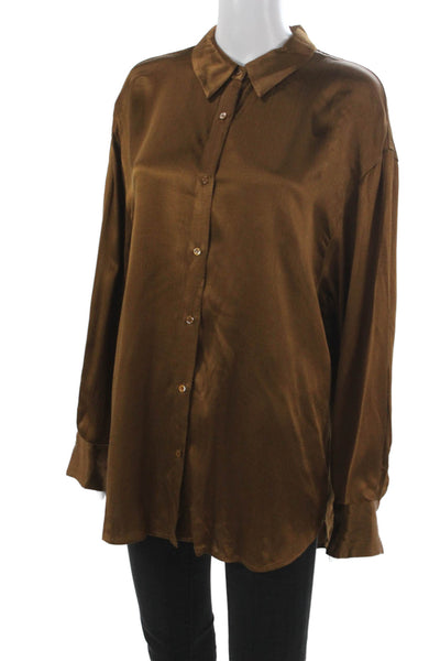 Sophie Rue Womens Basic Collared Viscose Button Up Top Brown Long Sleeve Size M
