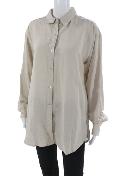 NIA Womens Collared Tencel Tunic Button-Up Long Sleeve Beige Size S