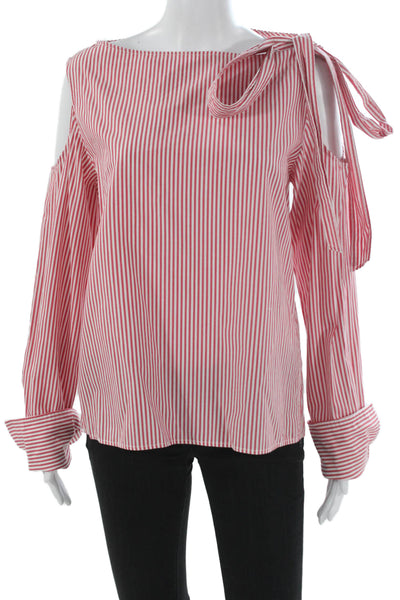 Yune Ho Women Basic Red Striped 100% Cotton Boat Neck Long Sleeve Blouse Size M