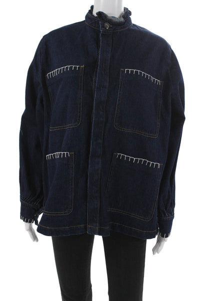 Seventy + Mochi Women Basic Jacket Blue Cotton Blend Button Long Sleeve Size 14