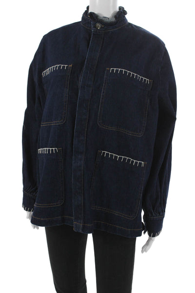 Seventy + Mochi Women Basic Jacket Blue Cotton Blend Button Long Sleeve Size 14