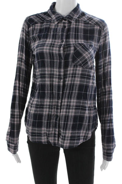 Paige Women Basic Collared Plaid Cotton Button-Up Long Sleeve Blue Size S