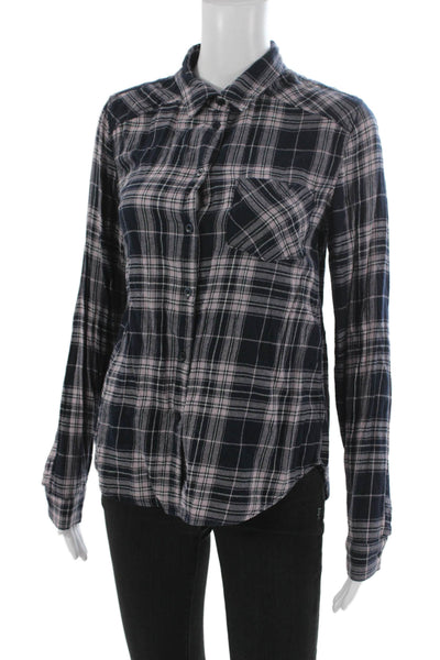 Paige Women Basic Collared Plaid Cotton Button-Up Long Sleeve Blue Size S