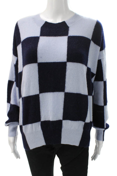 Aqua Women Pullover Cashmere Sweater Blue Check Crew Neck Long Sleeve Size L