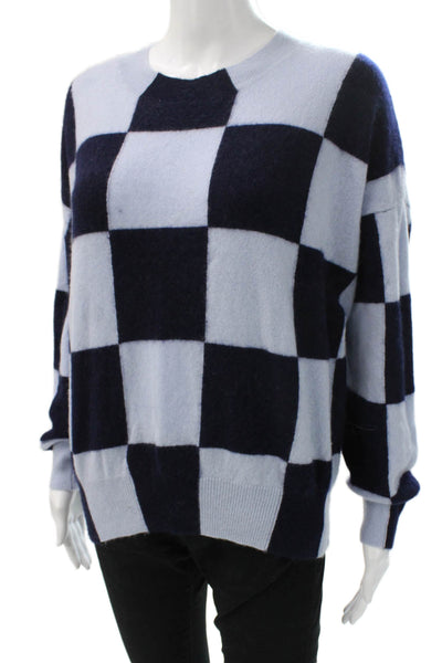 Aqua Women Pullover Cashmere Sweater Blue Check Crew Neck Long Sleeve Size L