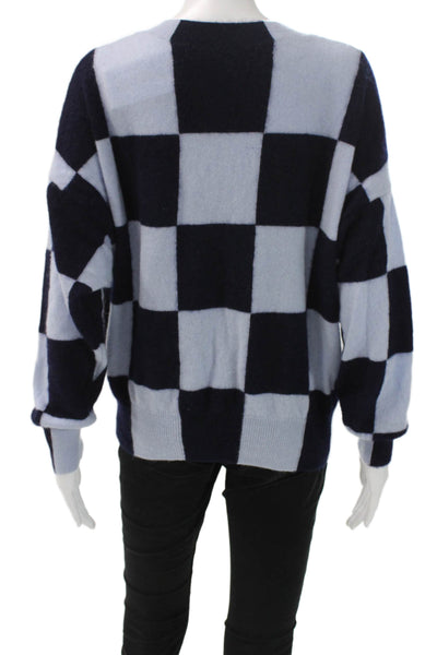 Aqua Women Pullover Cashmere Sweater Blue Check Crew Neck Long Sleeve Size L