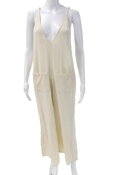 Elan Women Ivory V-Neck Sleeveless Jumpsuit Pullover Polyester Size L
