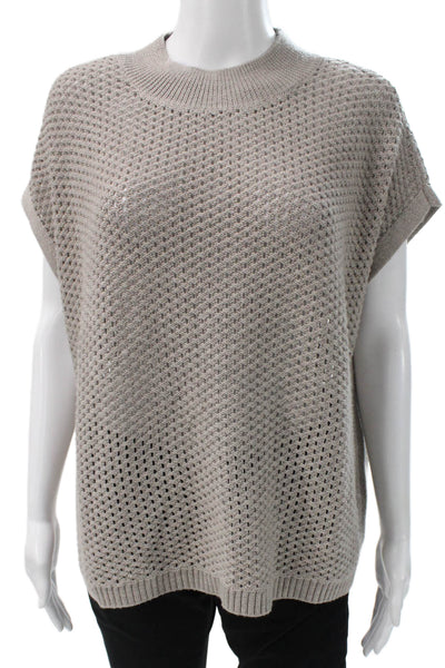 Eileen Fisher Women Pullover Sweater Merino Mock Neck Beige Short Sleeve Size M