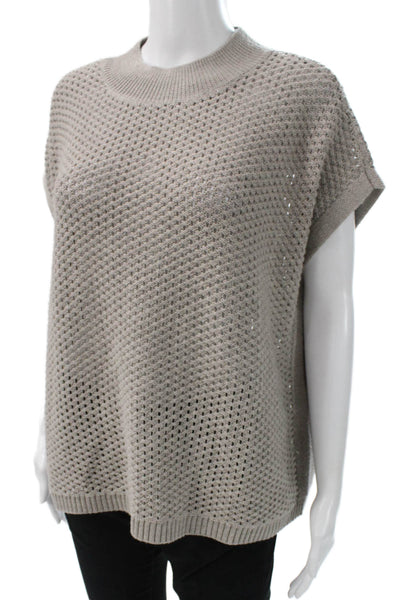 Eileen Fisher Women Pullover Sweater Merino Mock Neck Beige Short Sleeve Size M