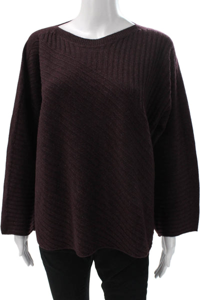 Eileen Fisher Women Cashmere Striped Boatneck Pullover Sweater Purple Size L