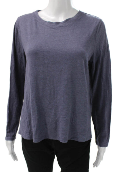 Eileen Fisher Women Basic T-Shirt Purple Organic Linen Long Sleeve Crew Size M