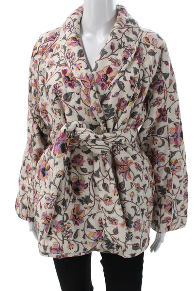 Tularosa Womens Quilted Jacket Beige Floral Tie Long Sleeve Size XS