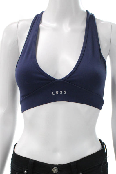 LSKD Womens Cross Strap V Neck Logo Front Sports Bra Navy Blue Size XS