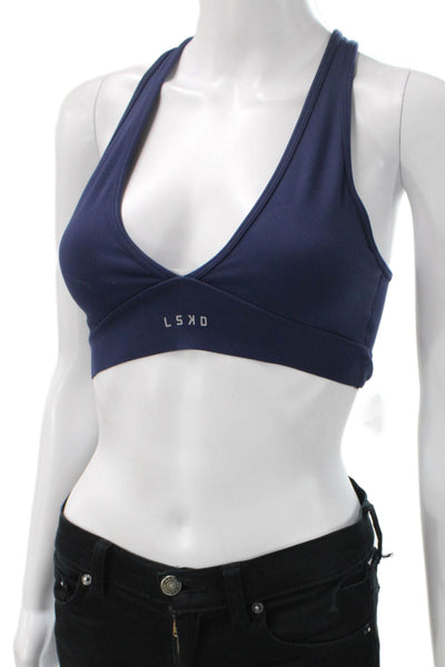 LSKD Womens Cross Strap V Neck Logo Front Sports Bra Navy Blue Size XS