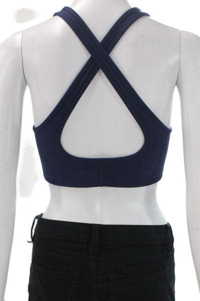 LSKD Womens Cross Strap V Neck Logo Front Sports Bra Navy Blue Size XS
