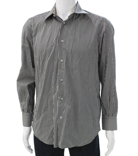 Robert Graham Mens Striped Black Dress Shirt Cotton Long Sleeve Size 16