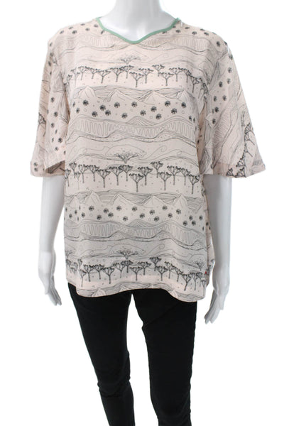 Dear Drew Womens Basic Pink Graphic V Neck Polyester Short Sleeve Blouse Size L