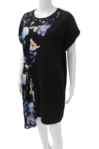 3.1 Phillip Lim Women Black Floral Cotton T-Shirt Dress Short Sleeve Size 6