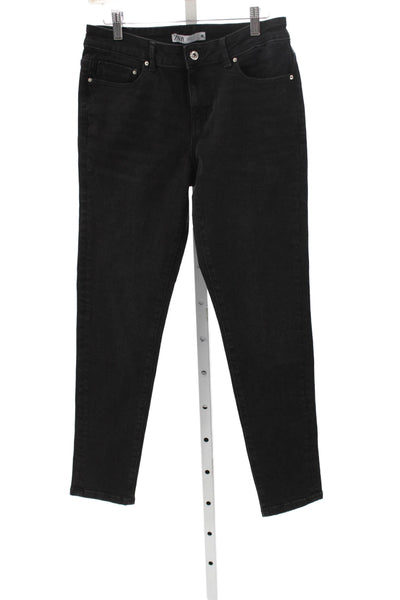 Zara Womens Tapered Jeans Black High Rise Button Cotton Size 8