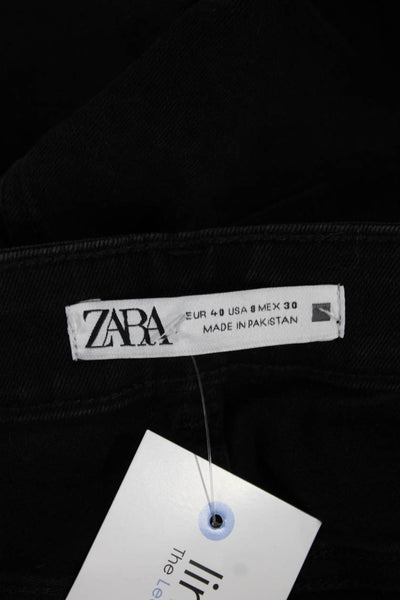 Zara Womens Tapered Jeans Black High Rise Button Cotton Size 8