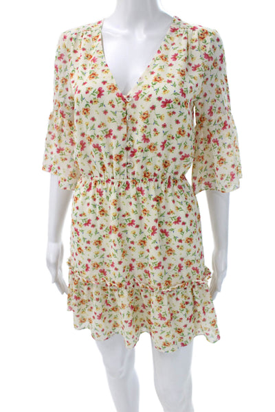 Lost + Wander Women Fit & Flare Floral V-Neck Ivory Button Mini Dress Size XS