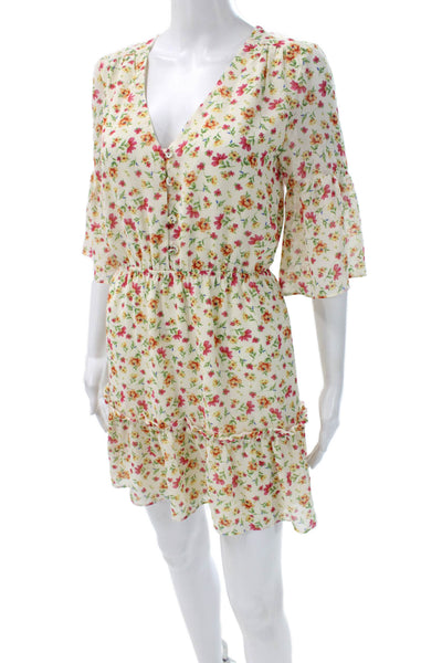 Lost + Wander Women Fit & Flare Floral V-Neck Ivory Button Mini Dress Size XS
