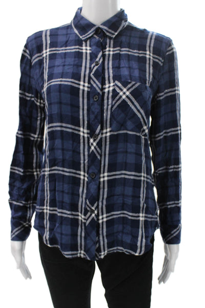 Rails Women Basic Long Sleeve Plaid Rayon Collared Button-Up Top Blue Size XS