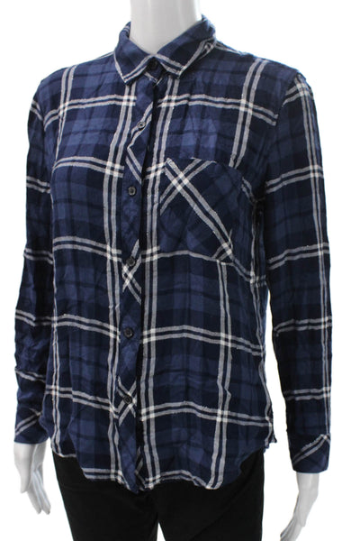 Rails Women Basic Long Sleeve Plaid Rayon Collared Button-Up Top Blue Size XS