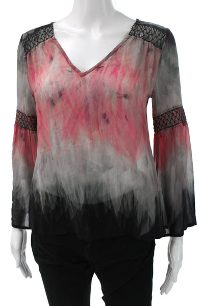 Ecru Women Tunic Blouse Multicolor Tie-Dye V-Neck 100% Silk Long Sleeve Size XS