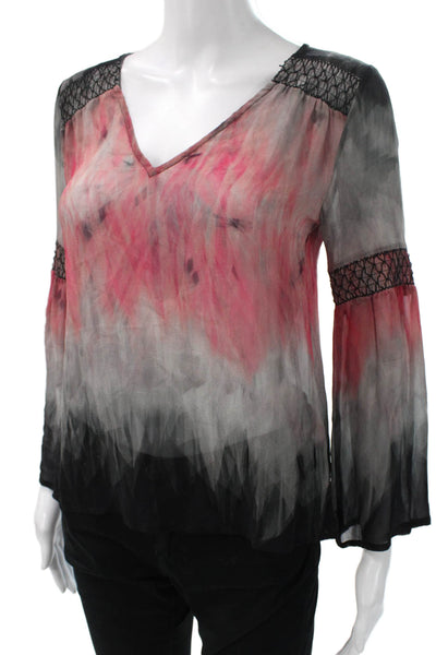 Ecru Women Tunic Blouse Multicolor Tie-Dye V-Neck 100% Silk Long Sleeve Size XS