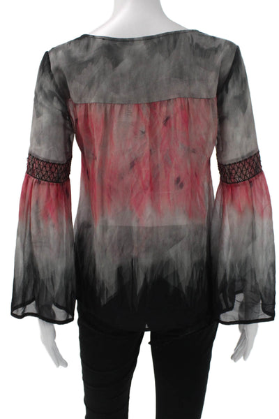 Ecru Women Tunic Blouse Multicolor Tie-Dye V-Neck 100% Silk Long Sleeve Size XS