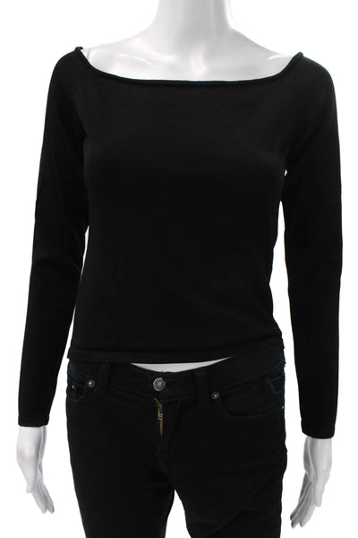 Meshki Women Black Boat Neck Viscose Long Sleeve Basic T-Shirt Pullover Size L