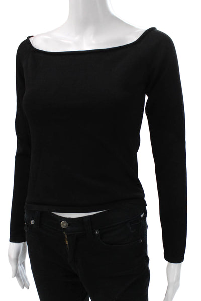 Meshki Women Black Boat Neck Viscose Long Sleeve Basic T-Shirt Pullover Size L