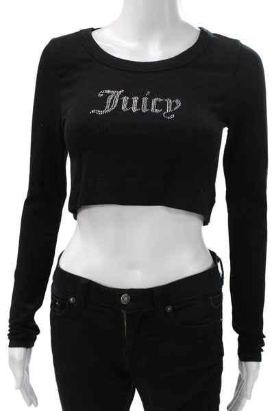 Juicy Couture Women Cropped Long Sleeve T-Shirt Black Nylon Size S