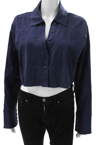 Meshki Women Cropped Collared Tencel Button-Up Blouse Blue Long Sleeve Size M