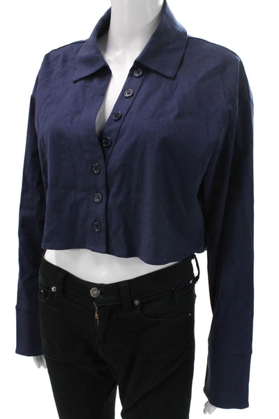 Meshki Women Cropped Collared Tencel Button-Up Blouse Blue Long Sleeve Size M