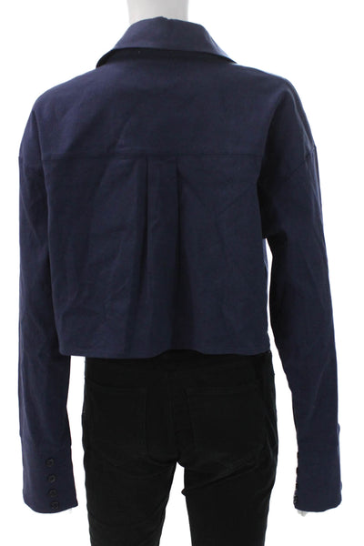 Meshki Women Cropped Collared Tencel Button-Up Blouse Blue Long Sleeve Size M