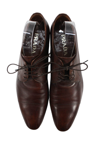 Prada Men's Round Toe Leather Oxford Flat Shoes Brown Size 9