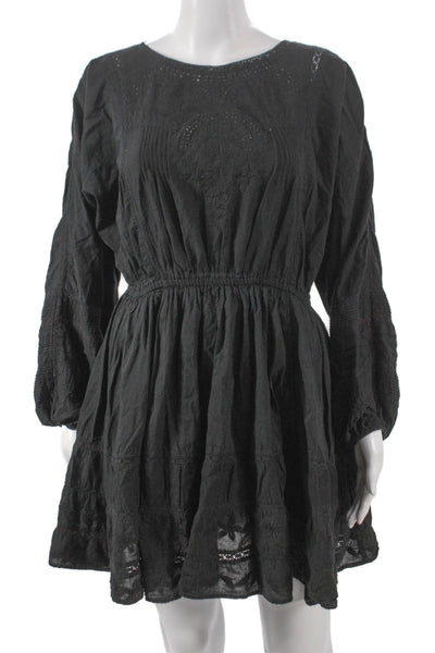 Love Shack Fancy Women Fit & Flare Dress Black Floral Cotton Long Sleeve Size S