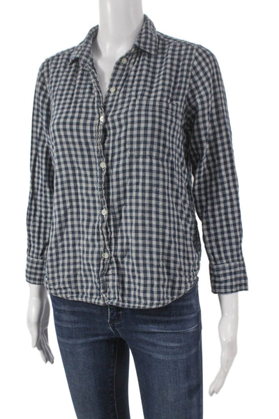 Everlane Women Basic Blue Plaid Cotton Collared Button-Up 3/4 Sleeve Top Size 4