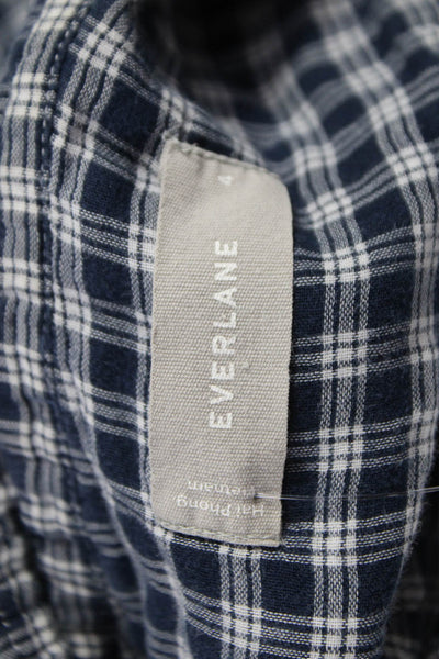 Everlane Women Basic Blue Plaid Cotton Collared Button-Up 3/4 Sleeve Top Size 4