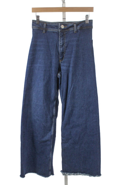 Zara Women Wide Leg Jeans Blue Mid Rise Cotton Button Size 6