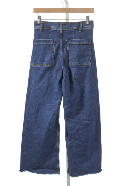Zara Women Wide Leg Jeans Blue Mid Rise Cotton Button Size 6