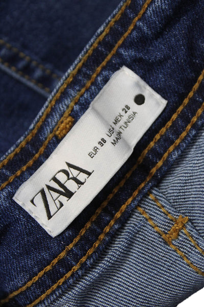 Zara Women Wide Leg Jeans Blue Mid Rise Cotton Button Size 6