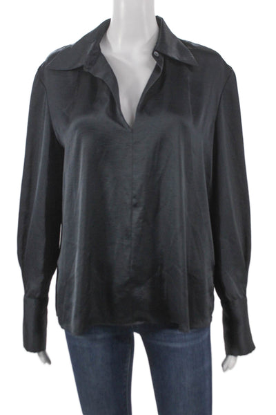 Theory Women Basic Collared Black Polyester Long Sleeve Blouse Pullover Size M