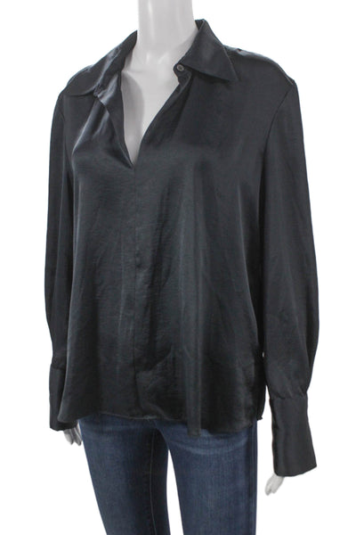 Theory Women Basic Collared Black Polyester Long Sleeve Blouse Pullover Size M