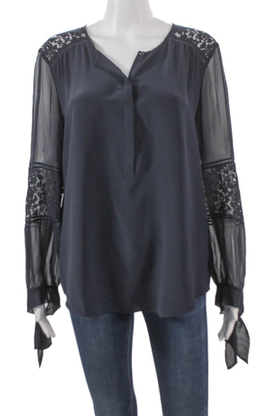 Rebecca Taylor Womens Silk Tunic Blouse Blue Henley Long Sleeve Button Size 10