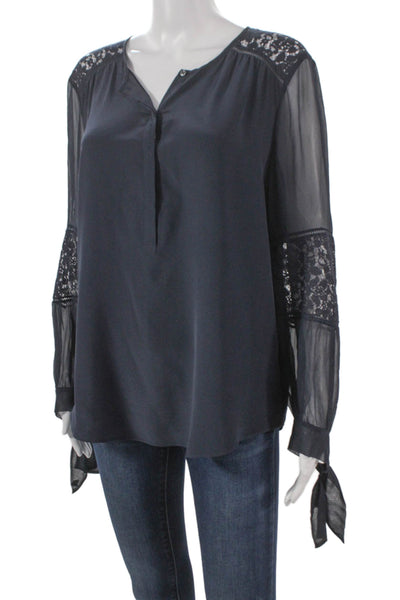 Rebecca Taylor Womens Silk Tunic Blouse Blue Henley Long Sleeve Button Size 10